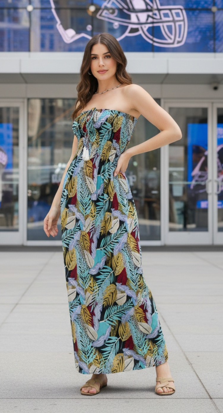 Jewel-Tone Multicolor Leaf Polyester Tube Dress Sleeveless