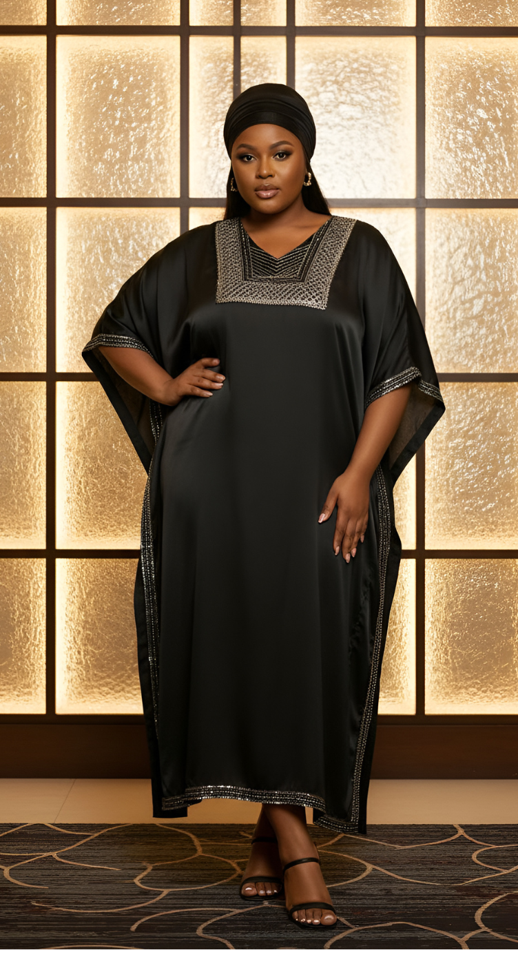 Corsair Blue Embroidery Satin Plus Size Kaftan Dress
