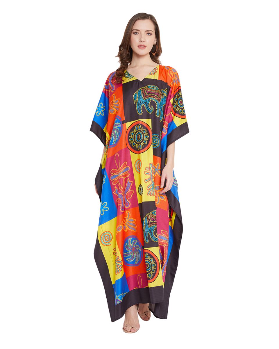 Multicolour patchwork print kaftan with elephant and tribal motifs and a V-neck