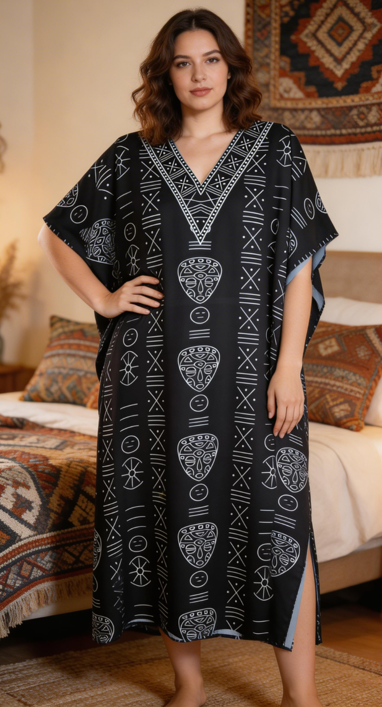 Black Tribal Mask Mud Cloth Motif Polyester Plus Size Kaftan V Neck
