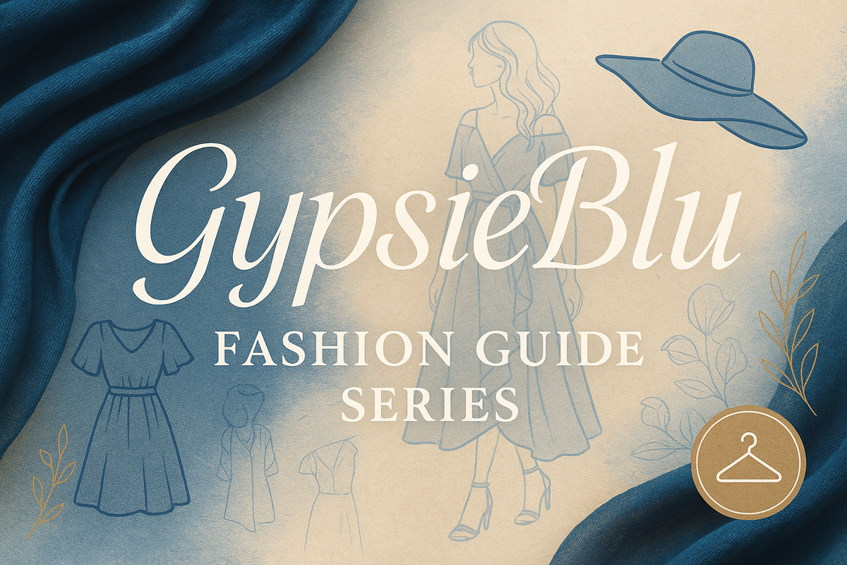 Illustrated GypsieBlu Fashion Guide Series banner with dress sketches and a sun hat