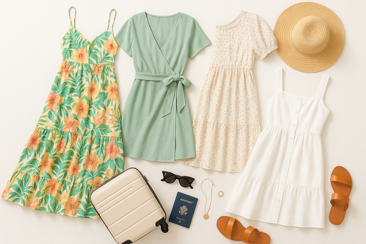 Flat lay of packable vacation dresses with a straw hat, sunglasses, passport, sandals and suitcase