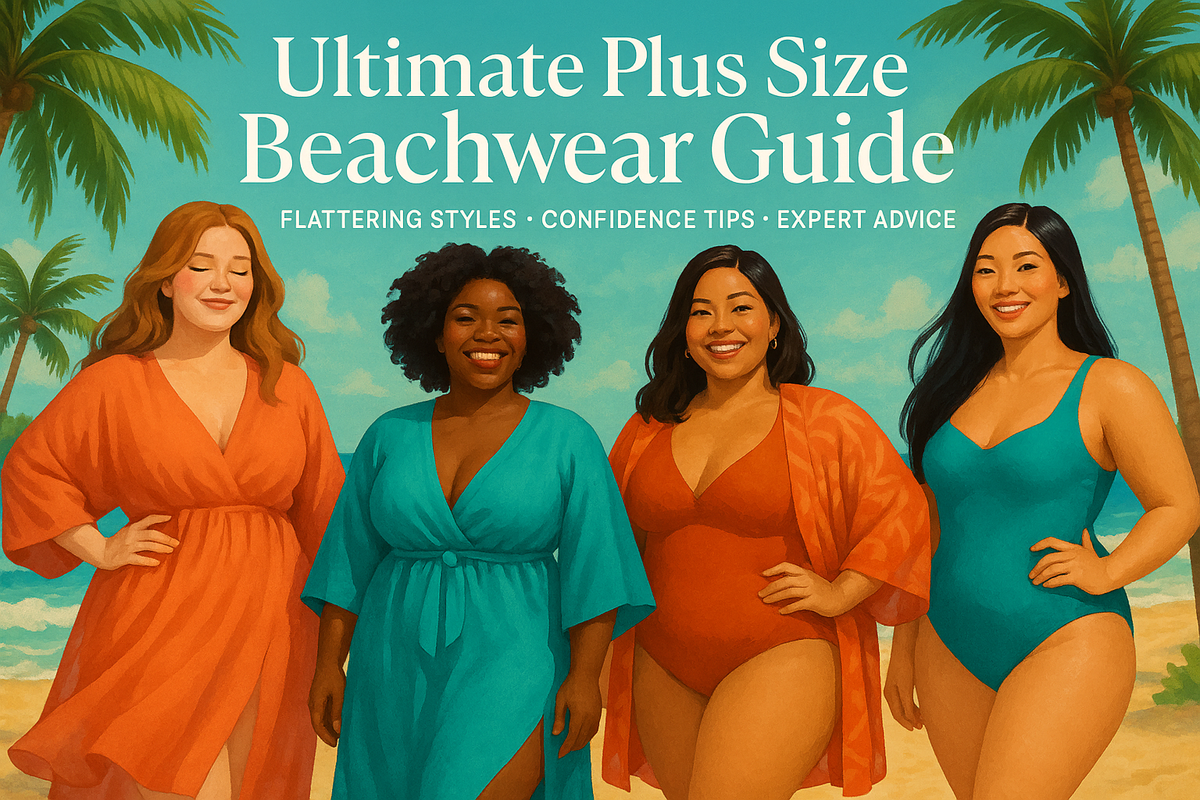 Illustrated plus size beachwear guide banner with four women in kaftan cover-ups and swimsuits on a beach