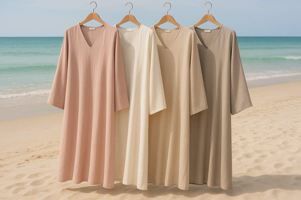 Four long-sleeve V-neck kaftans in blush, ivory, sand and taupe hanging on a beach