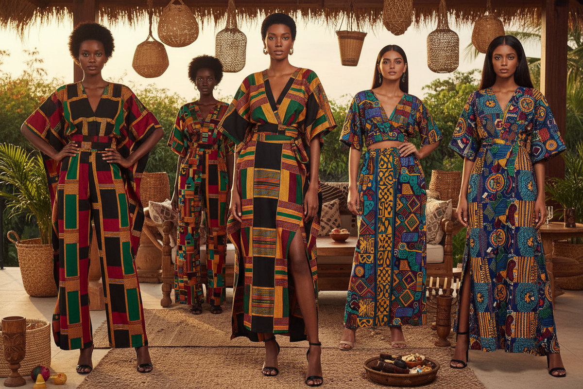 Five models in kente and ankara print kaftans and two-piece sets for Kwanzaa
