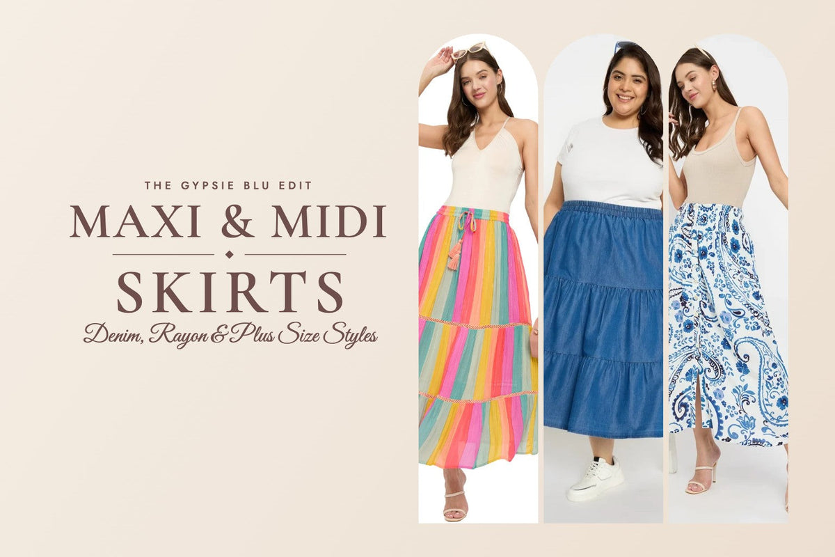 Maxi and midi skirts for women: rainbow stripe, plus size denim and blue paisley skirts