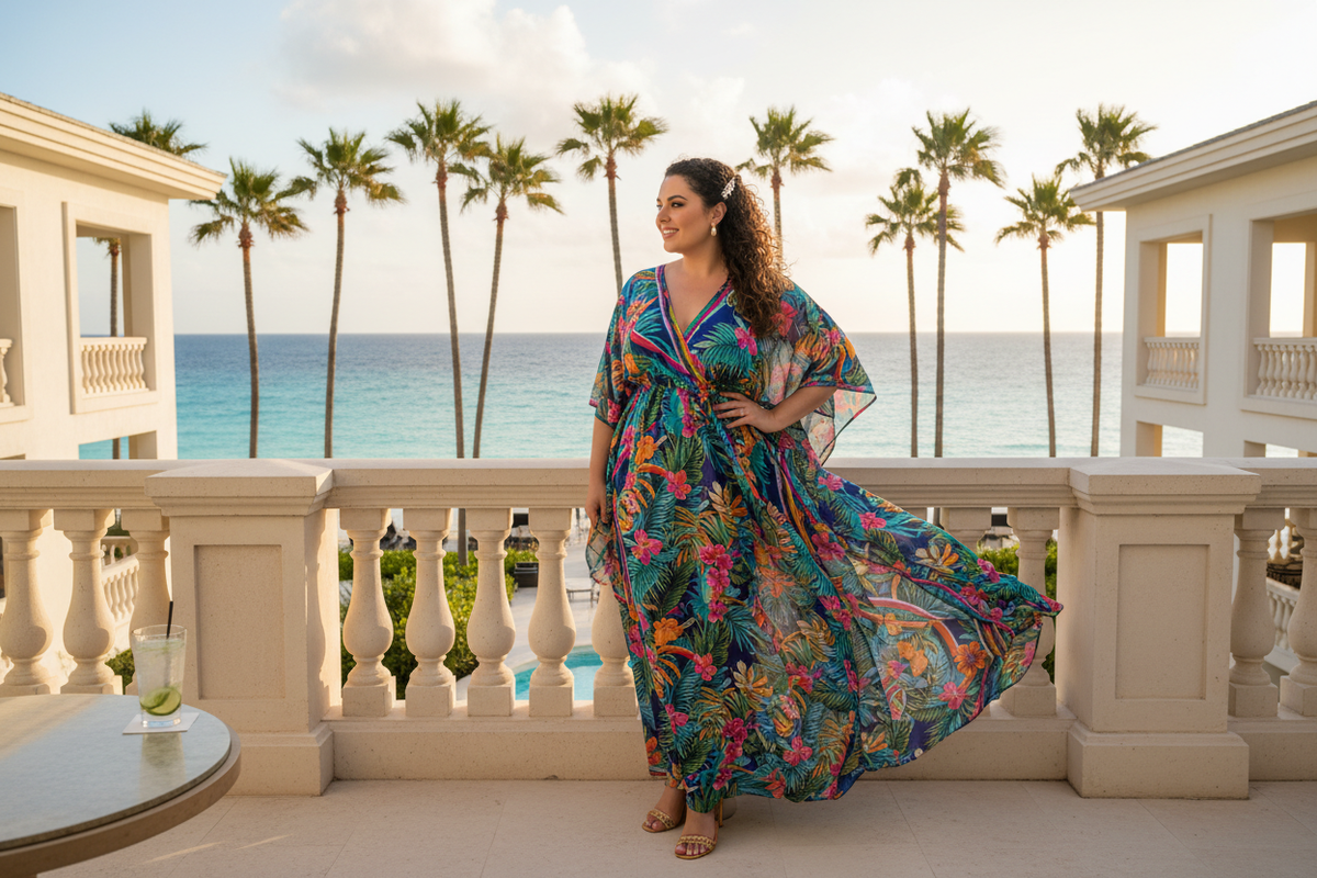 Plus size woman in a tropical floral maxi kaftan on a resort terrace overlooking the ocean