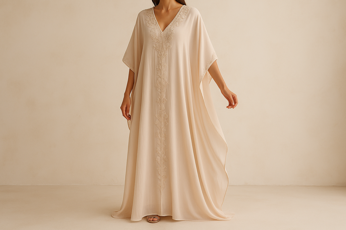 Ivory embroidered V-neck maxi kaftan for a destination wedding guest