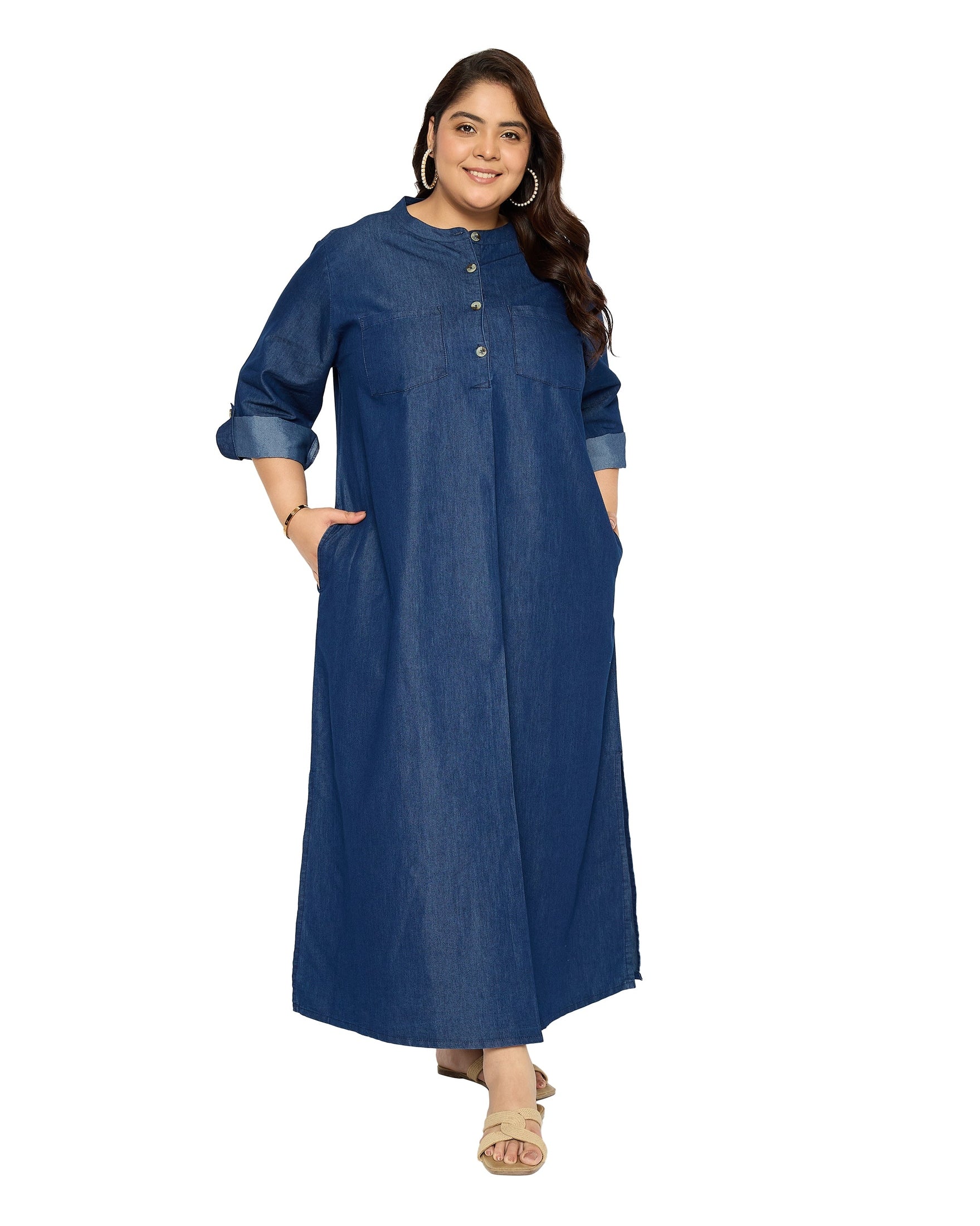 chinese dress ladies Blue Plus Size Denim Maxi Dress Round Neck