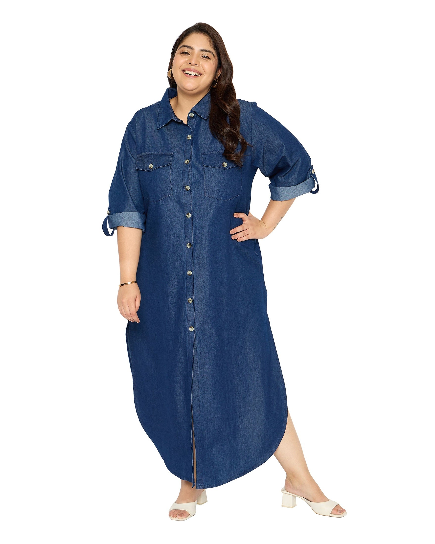 fitted lace wedding dress Blue Plus Size Denim Maxi Shirt Dress with Collar & Side Split
