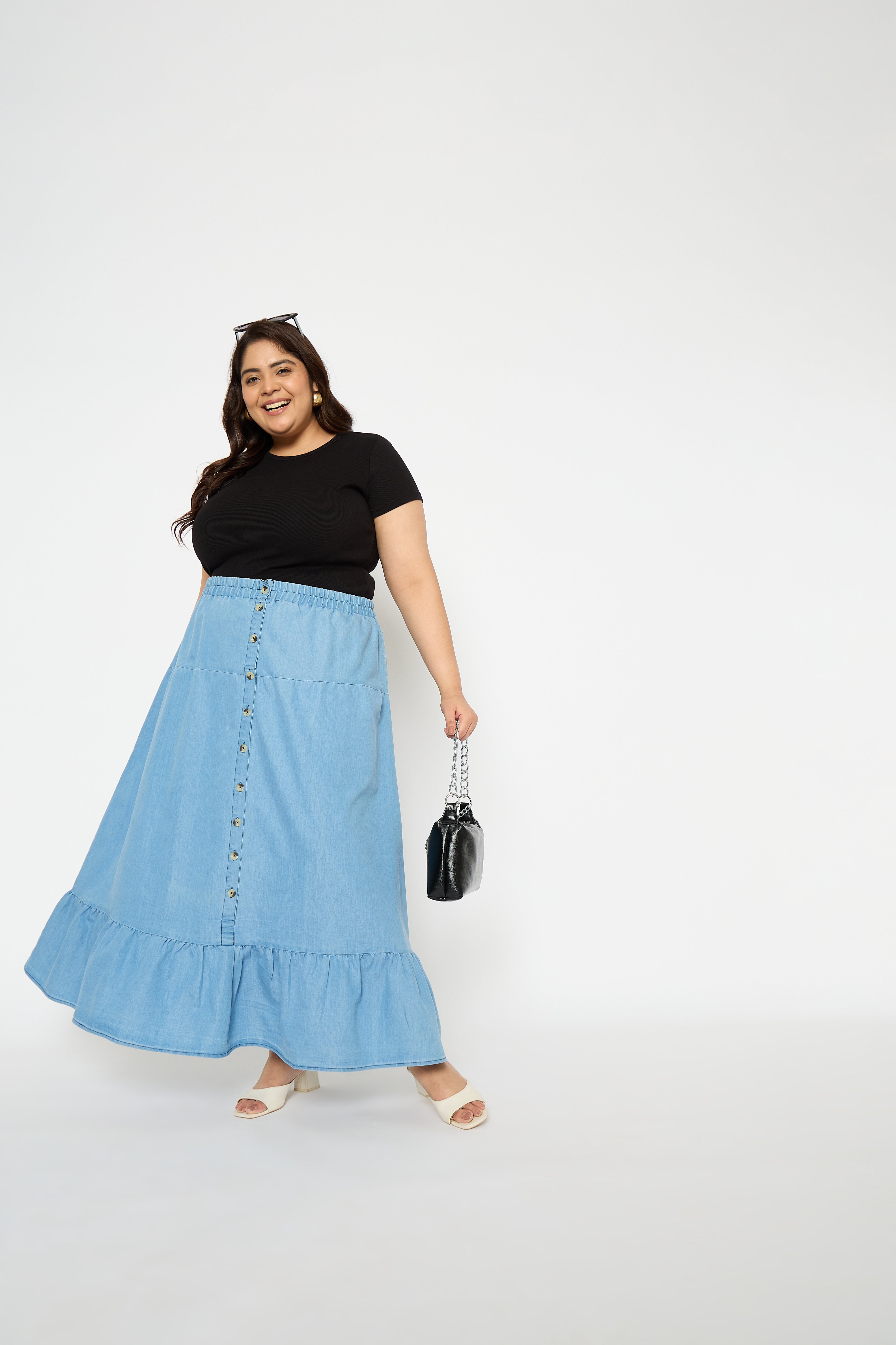 Light Blue Elastic Waist Denim Skirt for Plus Size Women
