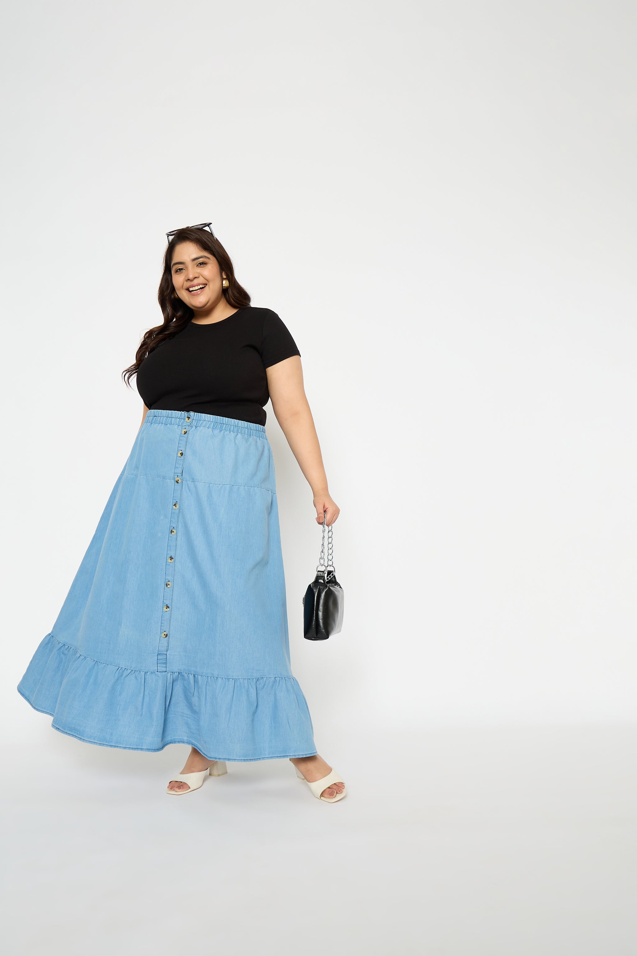 Light Blue Plus Size Denim Maxi Skirt A-Line