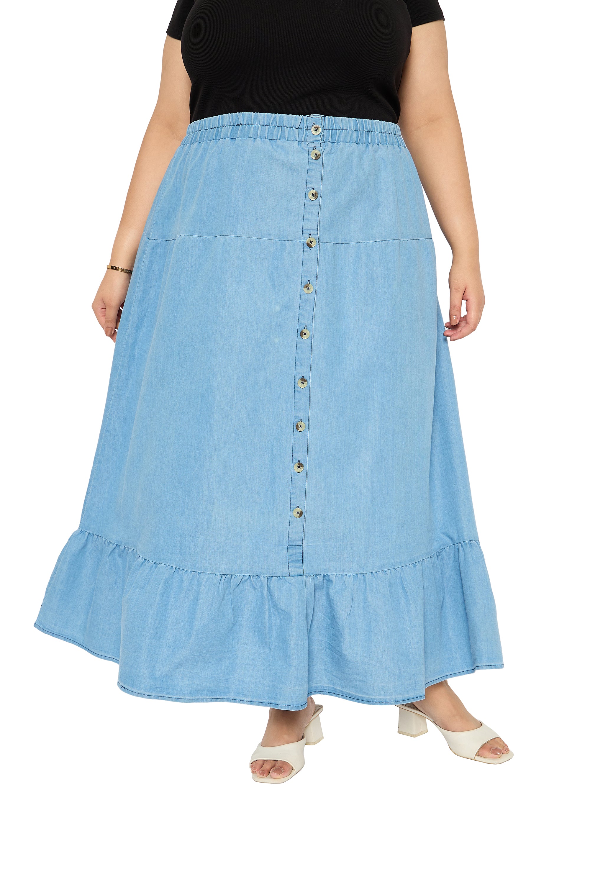 Light Blue Elastic Waist Denim Skirt for Plus Size Women