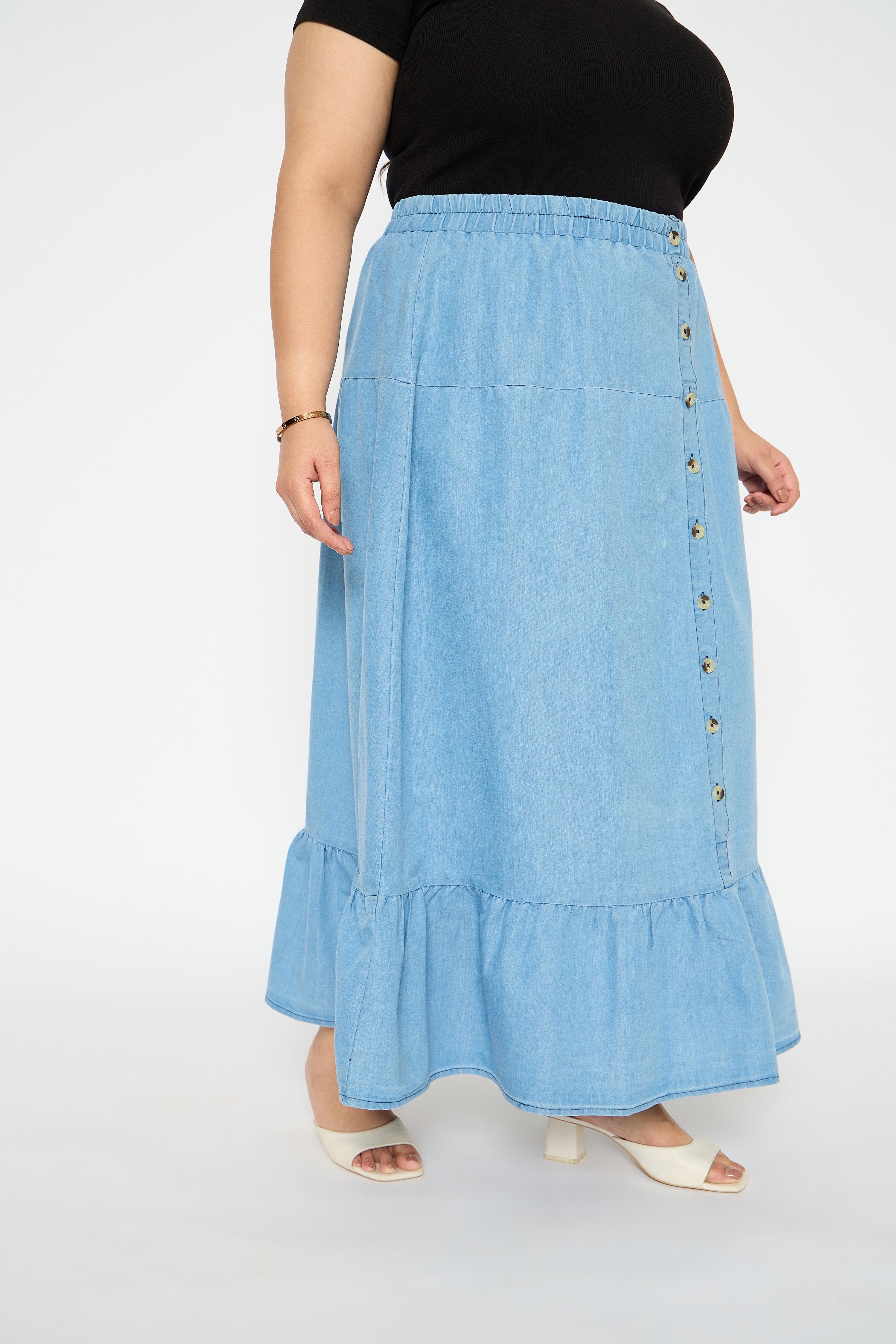 Light Blue Elastic Waist Denim Skirt for Plus Size Women