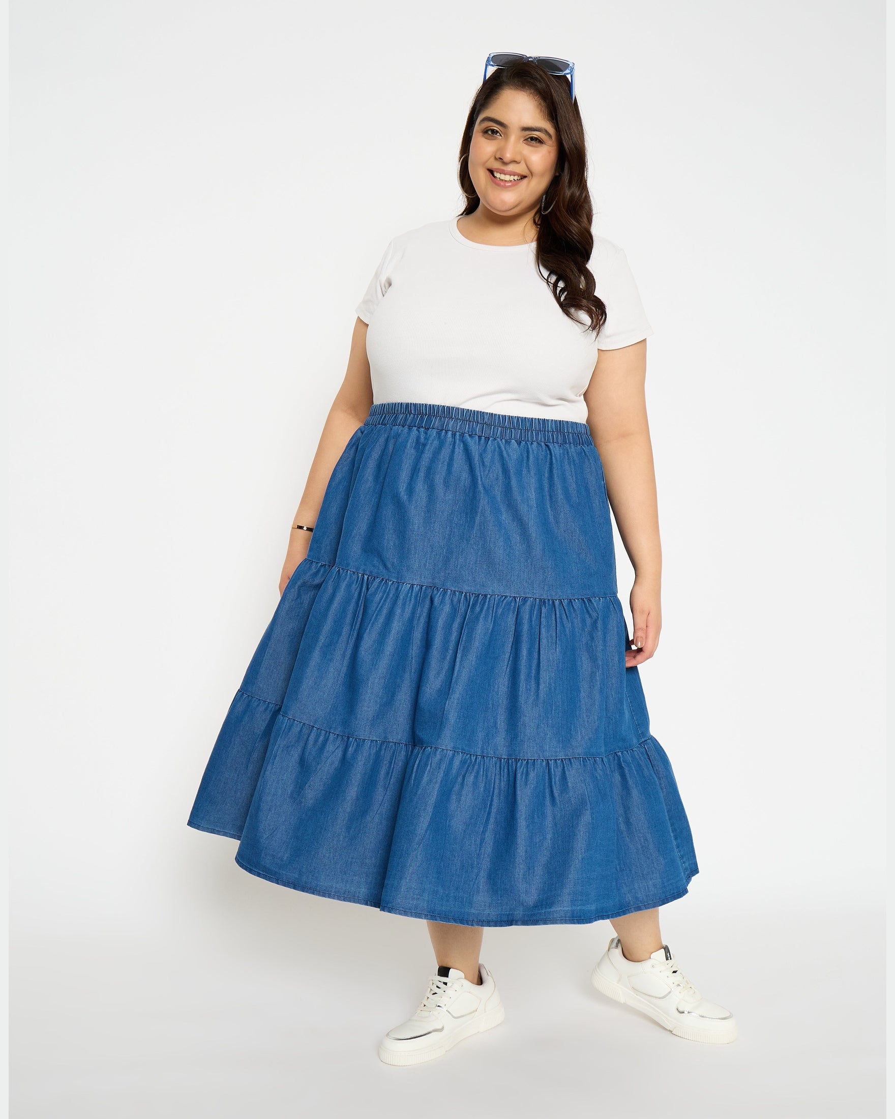 plus size denim dresses and skirts Light Blue Plus Size A-Line Denim Maxi Skirt with Elastic Waist for 2X