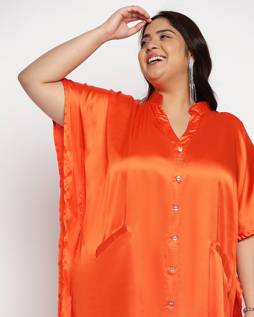 Orange Satin Solid Button Women Plus Size Loungewear Kaftan