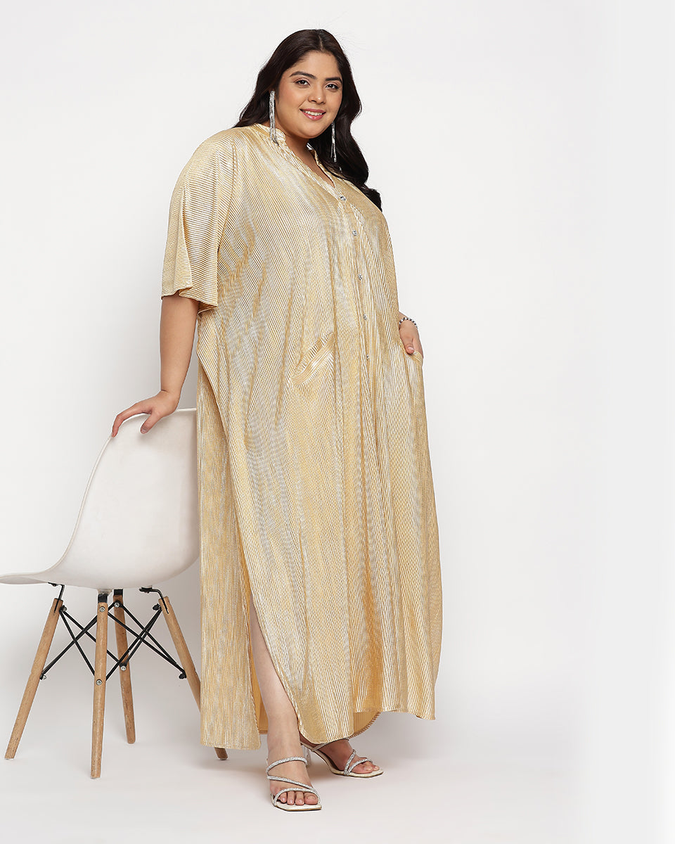 Golden Striped Poly Knit Plus Size Button Kaftan For Women