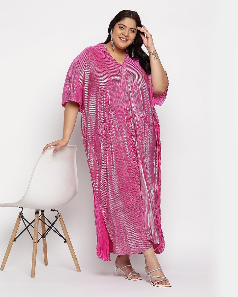 Mulberry Pink Poly Knit Striped Plus Size Party Kaftan For Women