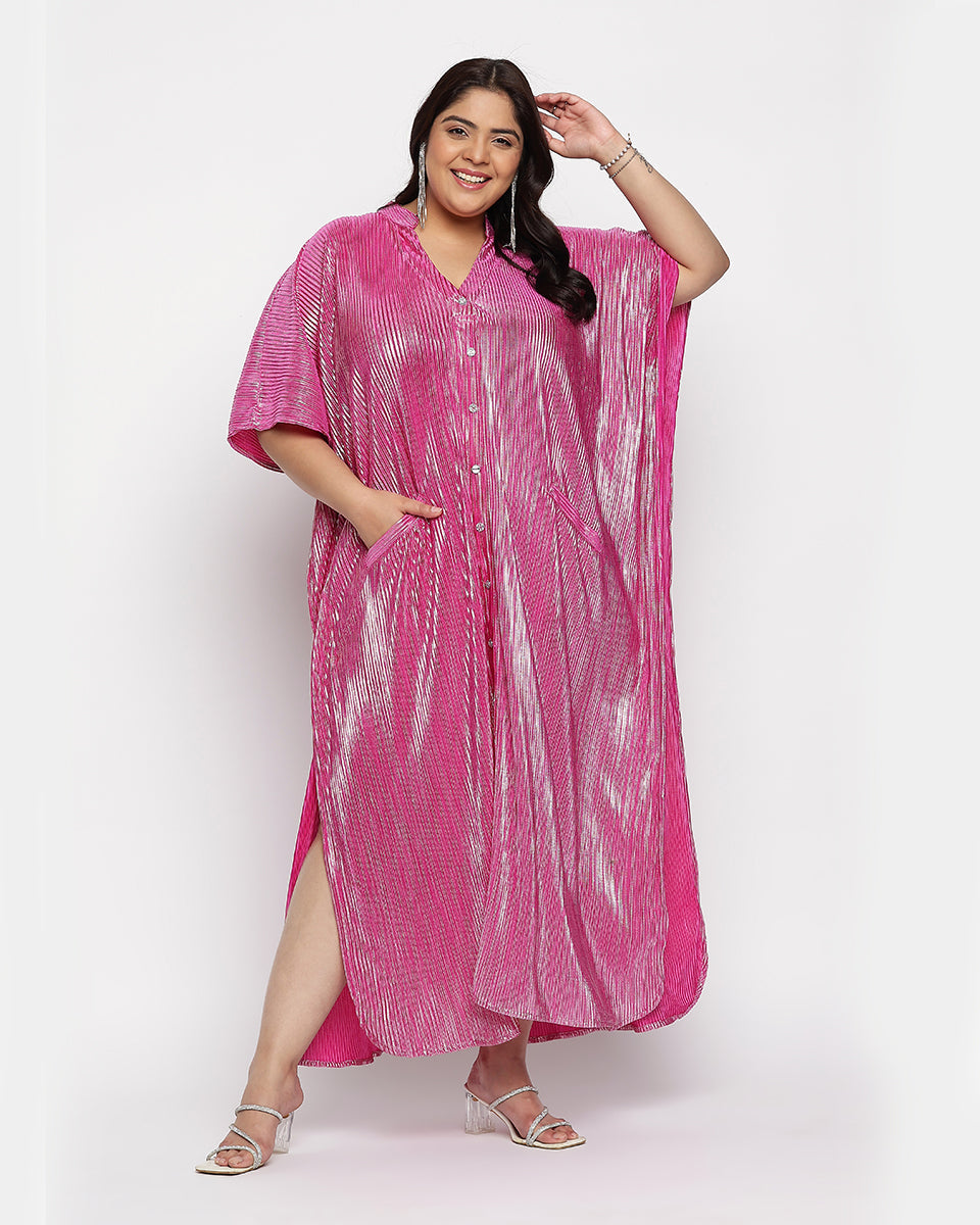 Mulberry Pink Poly Knit Striped Plus Size Button Kaftan For Women