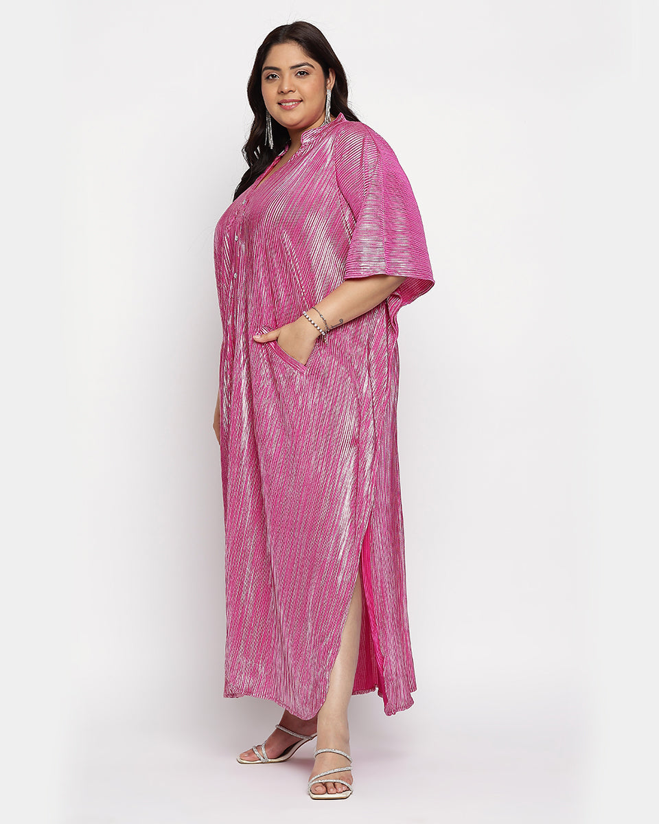 Mulberry Pink Poly Knit Striped Plus Size Button Kaftan For Women