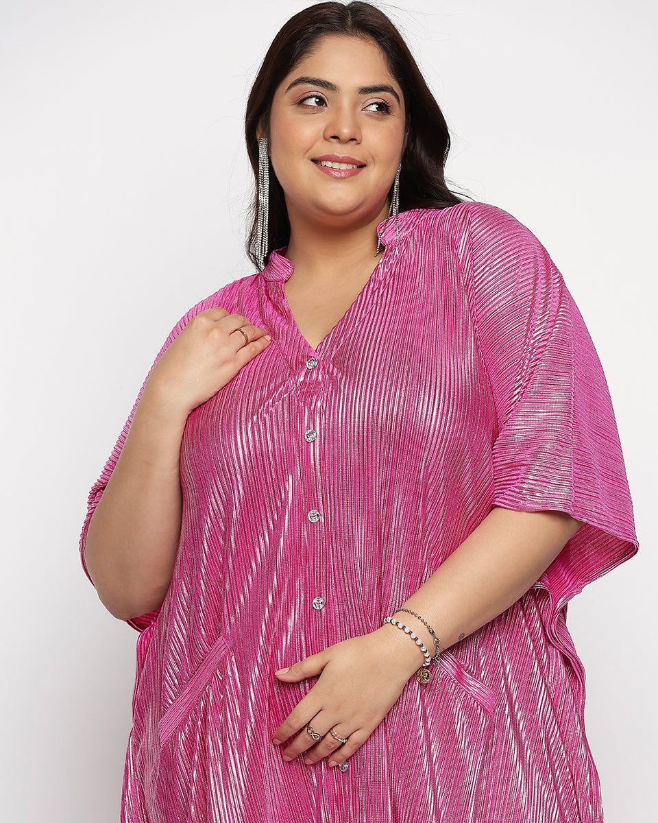 Mulberry Pink Poly Knit Striped Plus Size Button Kaftan For Women