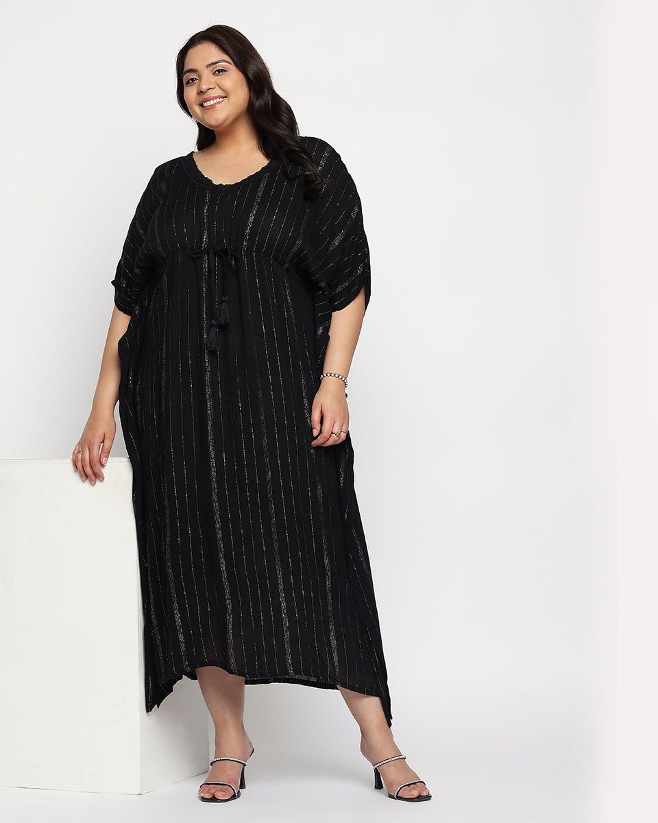Black Solid Striped Plus Size Rayon Kaftan Dress For Women