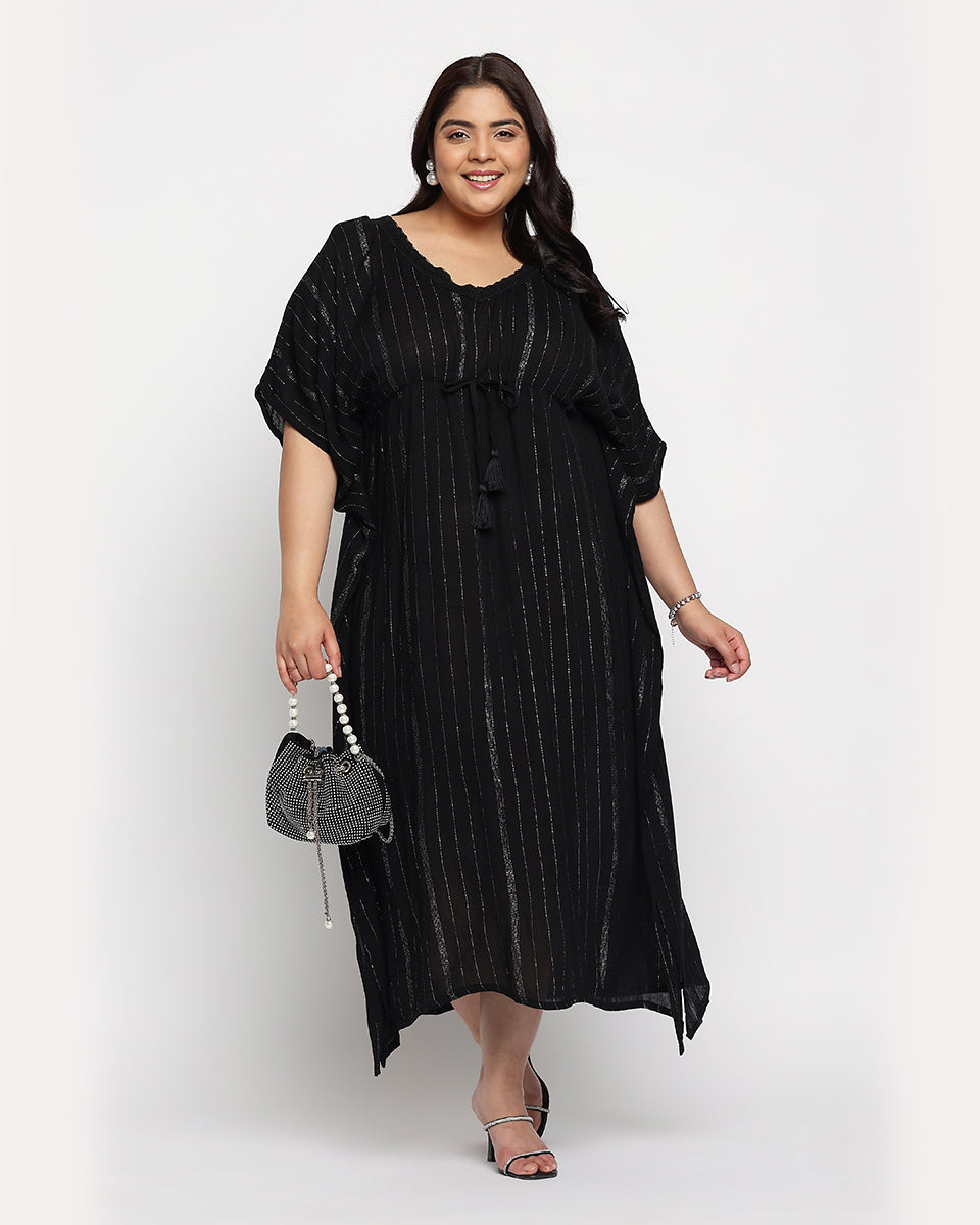 Black Solid Striped Plus Size Rayon Kaftan Dress For Women