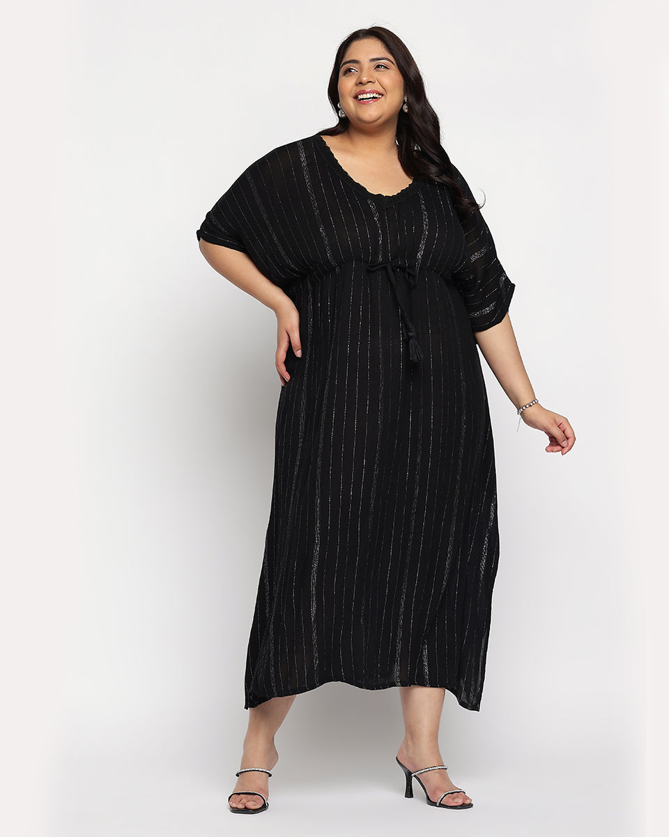 Black Solid Striped Plus Size Rayon Kaftan Dress For Women