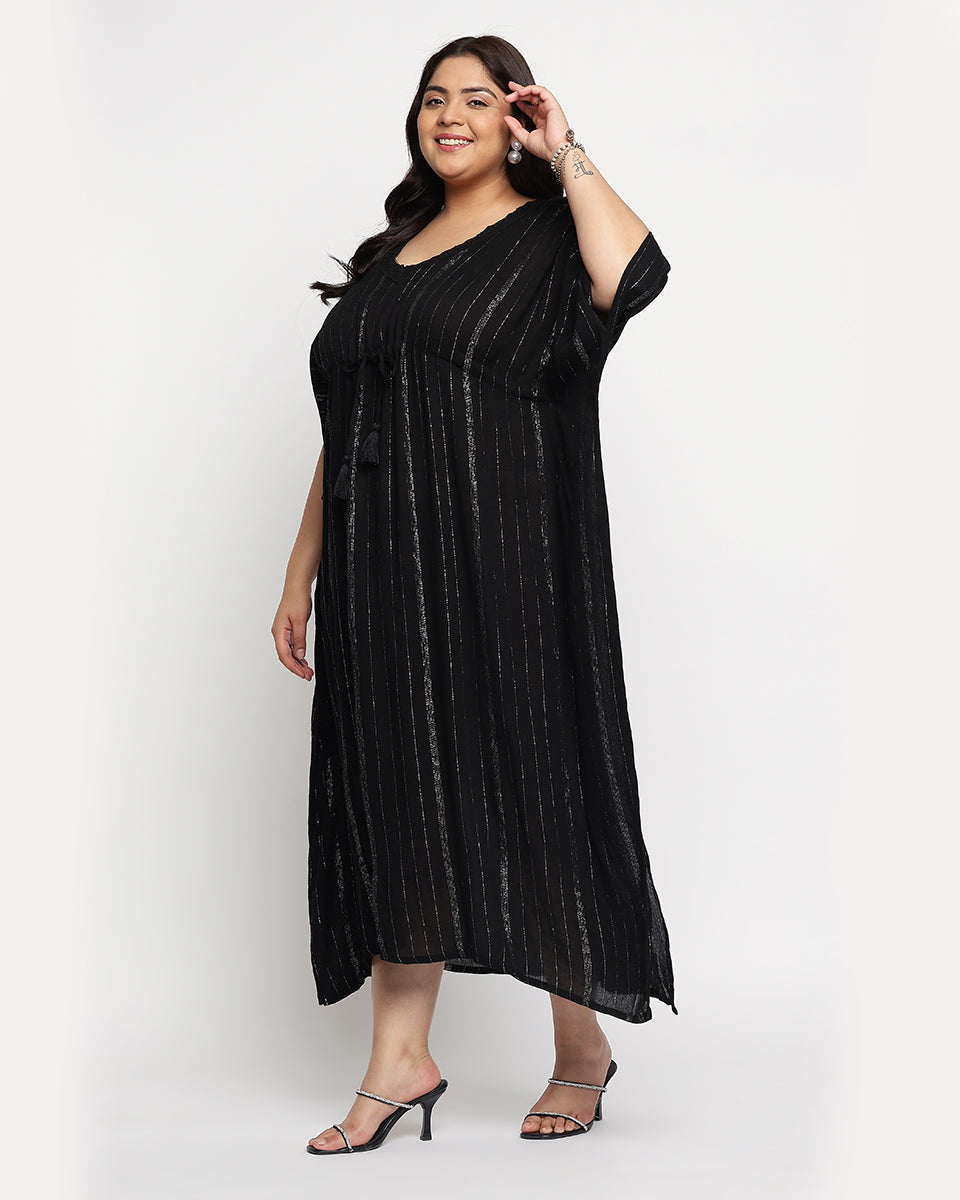 Black Solid Striped Plus Size Rayon Kaftan Dress For Women