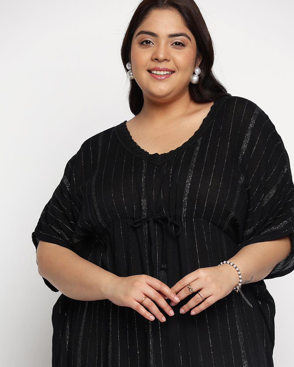Black Solid Striped Plus Size Rayon Kaftan Dress For Women