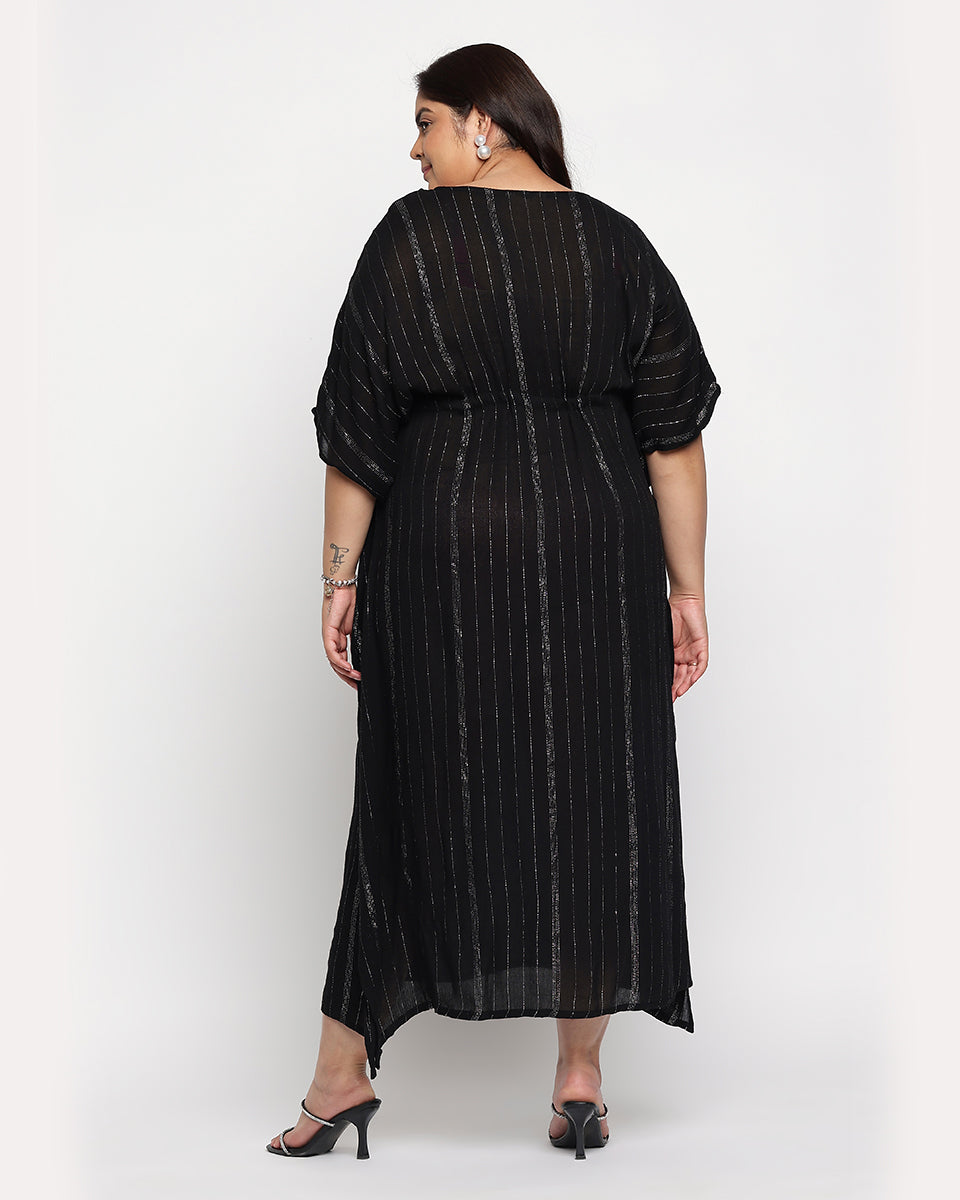 Black Solid Striped Plus Size Rayon Kaftan Dress For Women