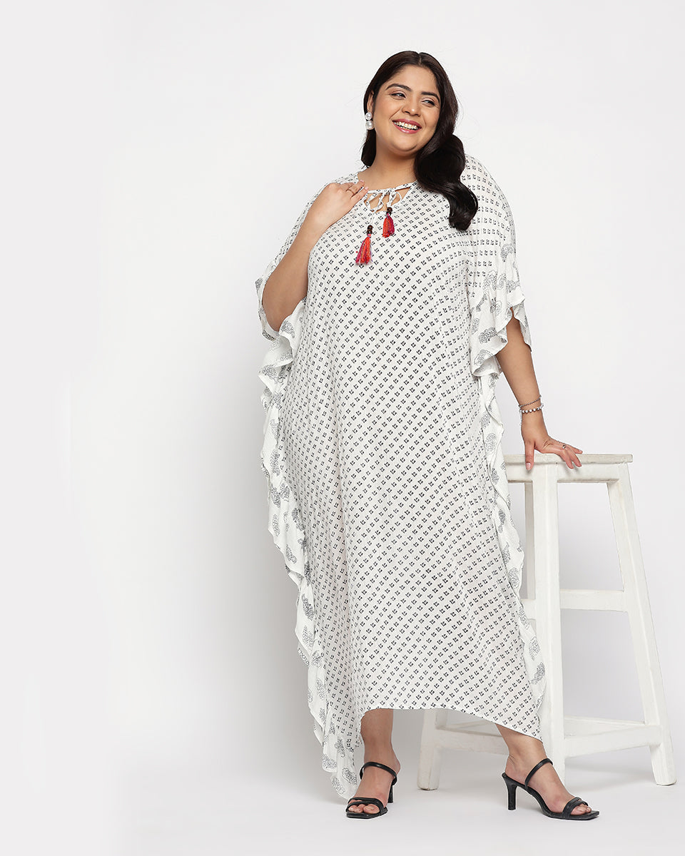 White Polka Dot Rayon Plus Size Kaftan For Women