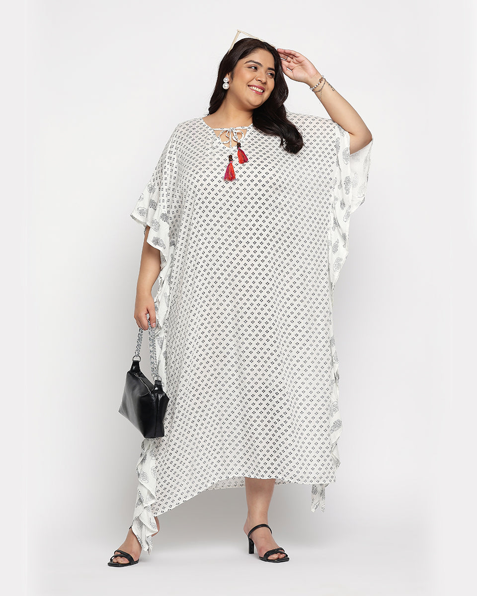 White Polka Dot Rayon Plus Size Kaftan For Women
