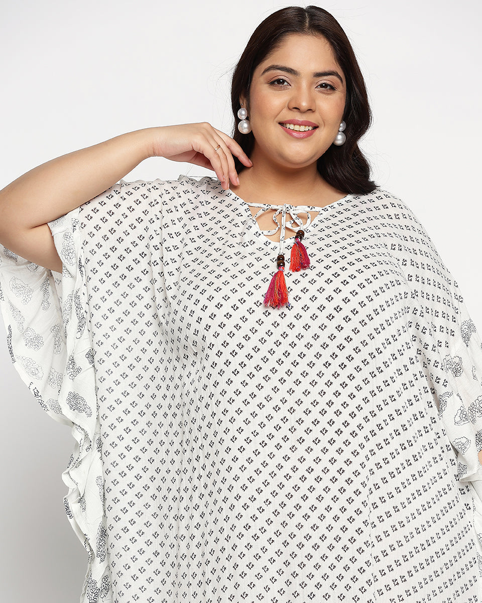 White Polka Dot Rayon Plus Size Kaftan For Women