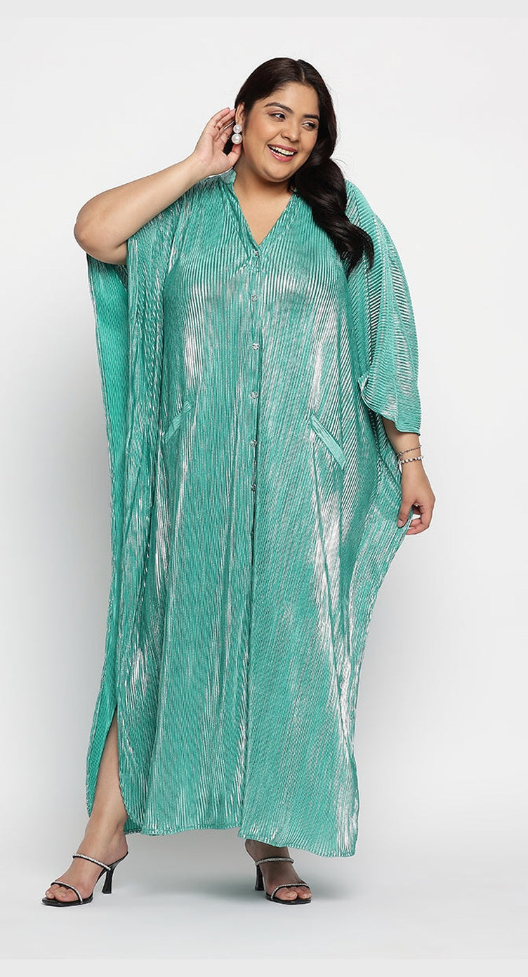 Green metallic pleated plus size kaftan with V-neck and 3/4 kimono sleeves