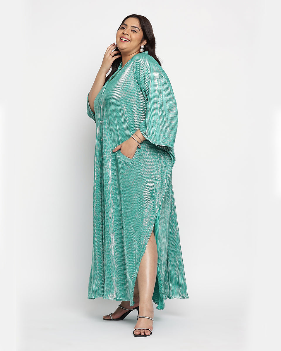 Turquoise Striped Poly Knit Plus Size Evening Kaftan Dress For Women