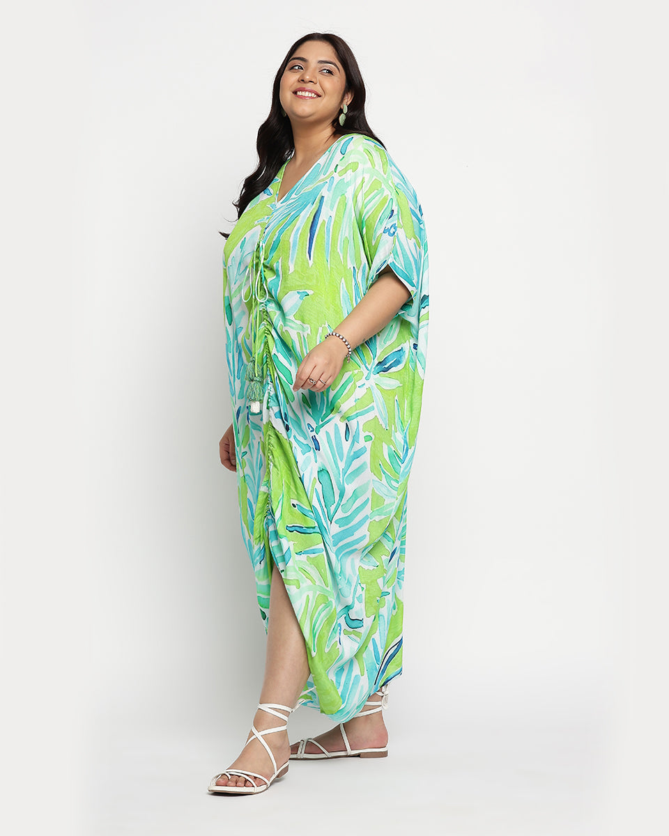 Leaf Print Plus Size Rayon Crepe Middle Slit Kaftan For Women