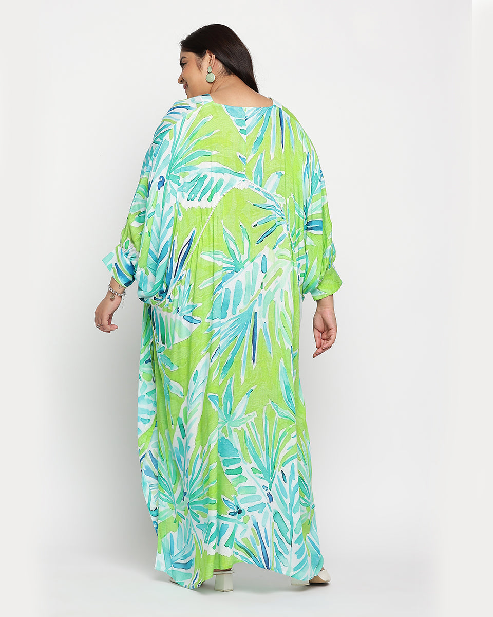 Green And Blue Plus Size Rayon Side Split Kaftan For Women