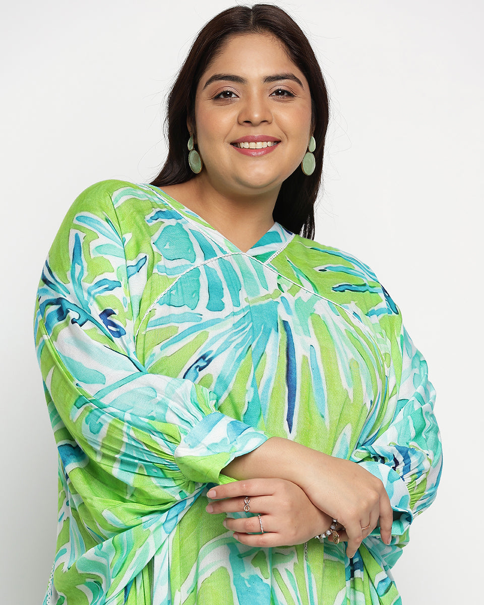 Green And Blue Plus Size Rayon Side Split Kaftan For Women