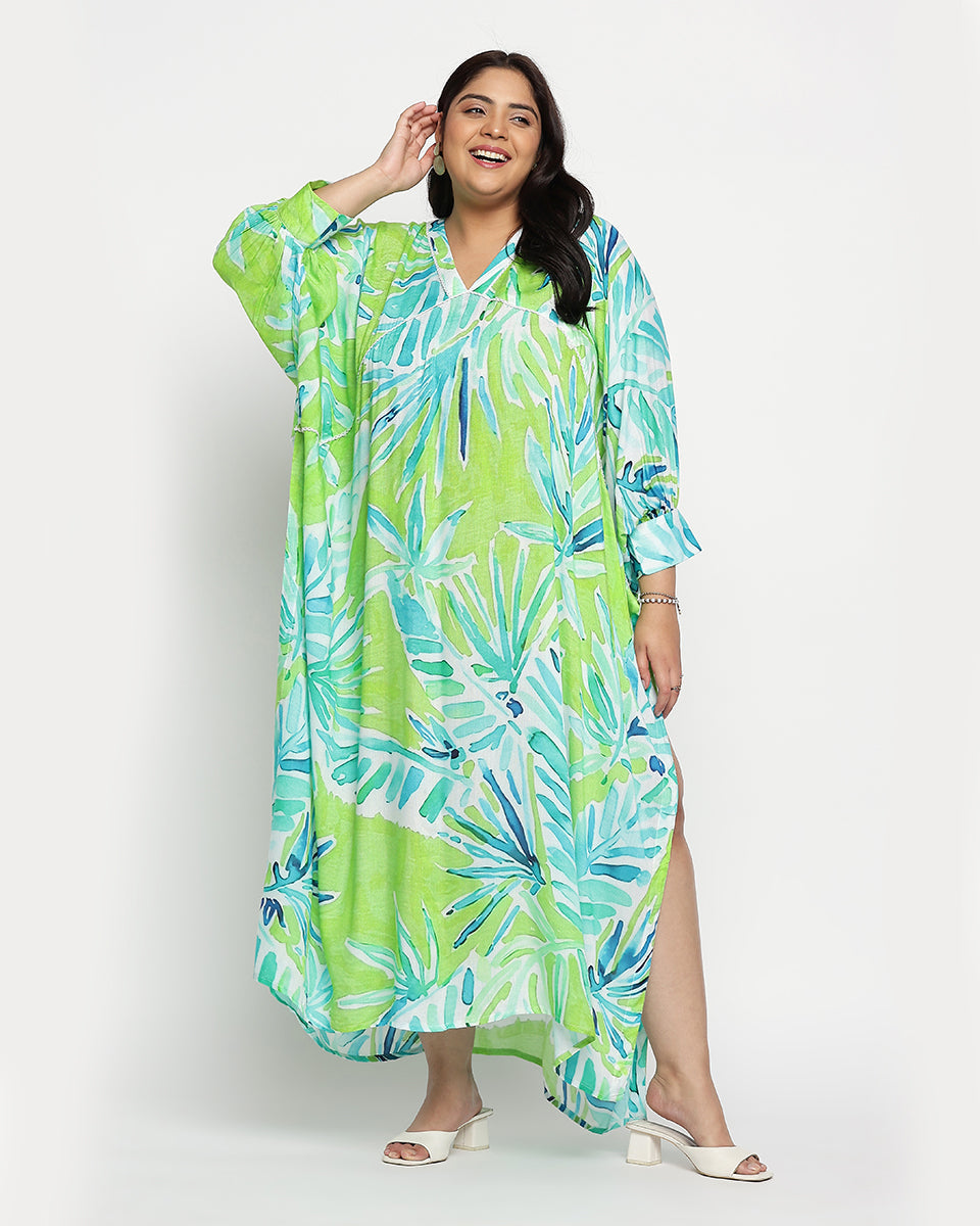 Green And Blue Plus Size Rayon Side Split Kaftan For Women