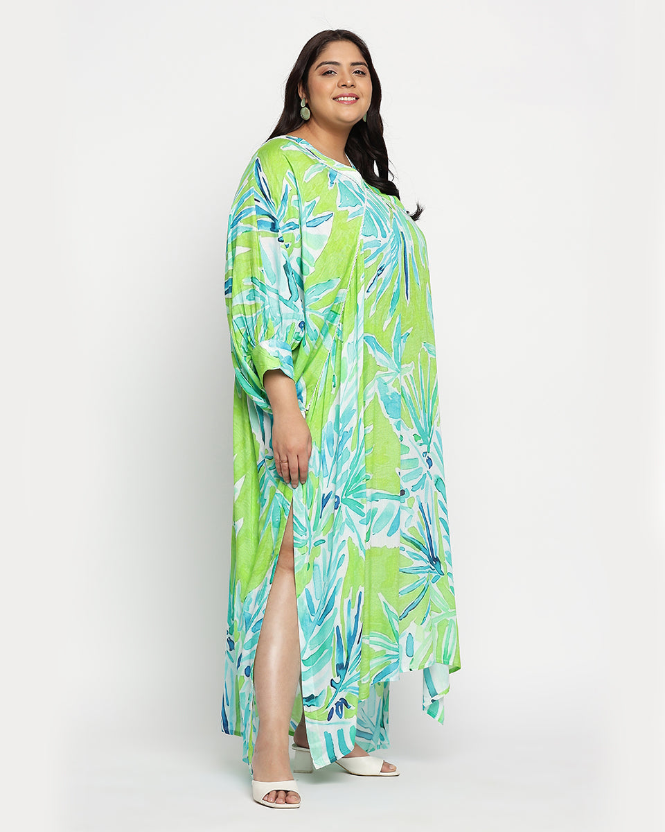 Green And Blue Plus Size Rayon Side Split Kaftan For Women