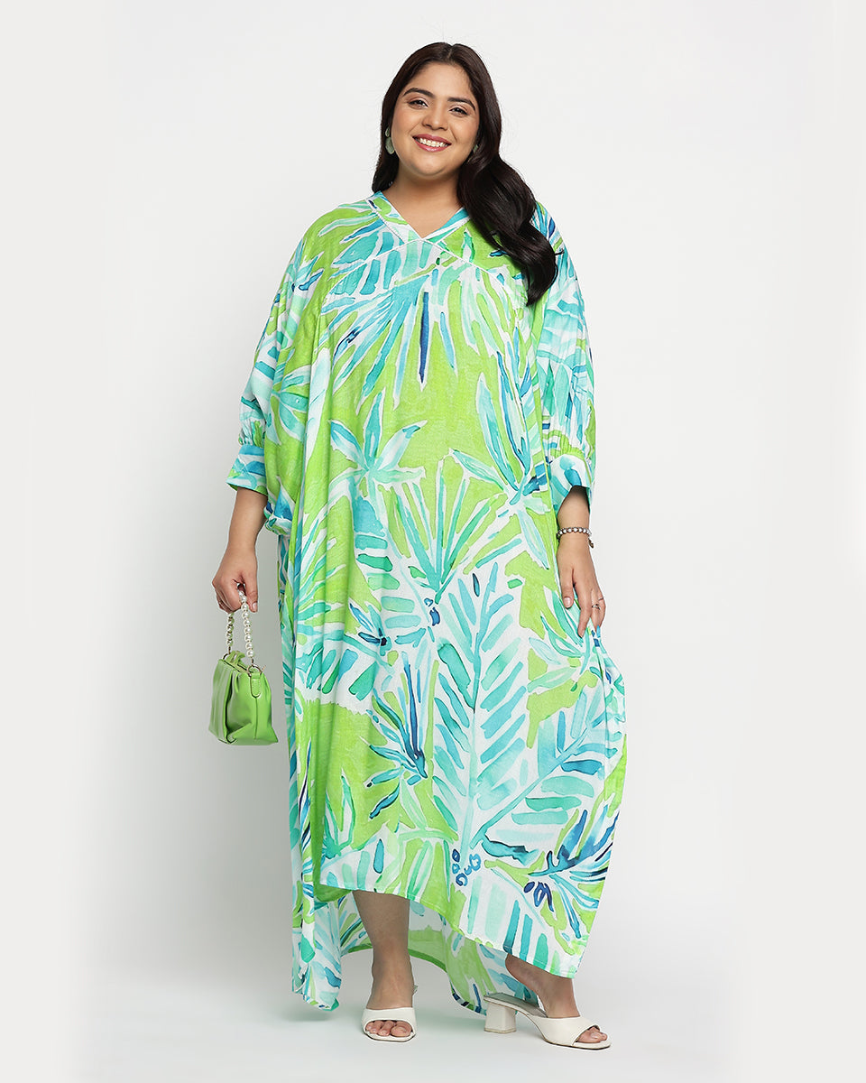 Green And Blue Plus Size Rayon Side Split Kaftan For Women