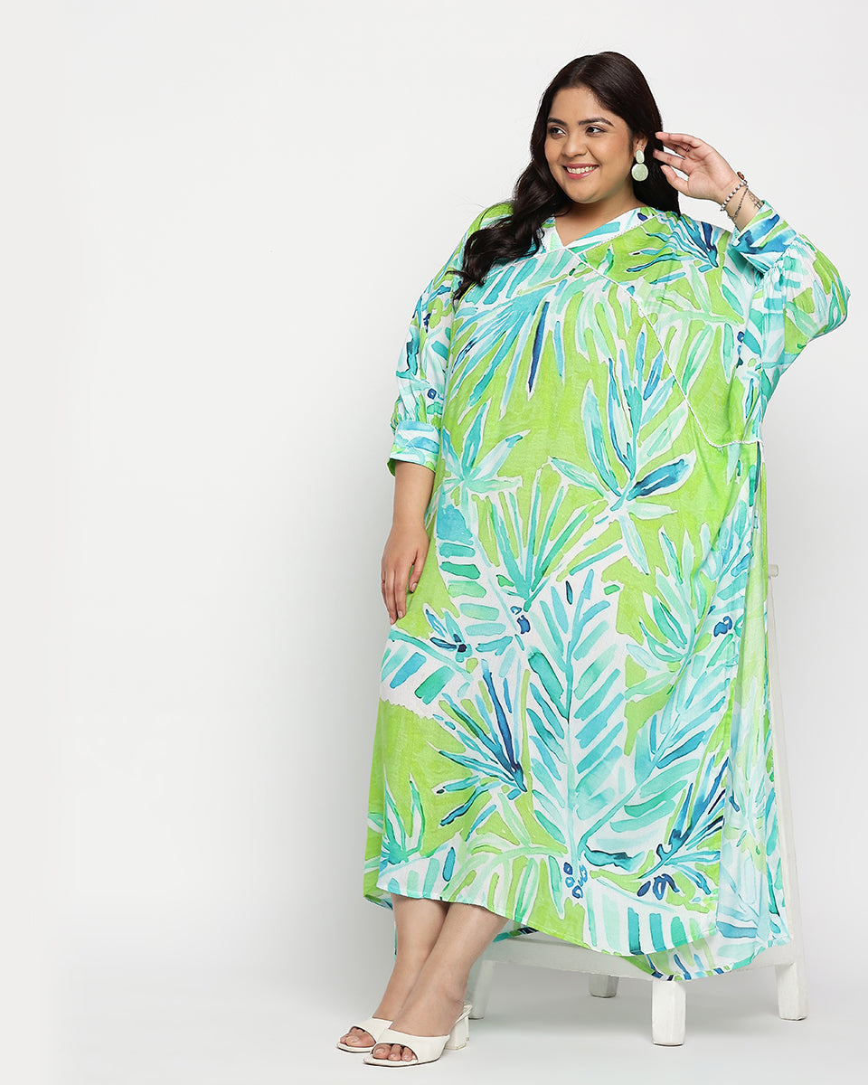 Green And Blue Plus Size Rayon Side Split Kaftan For Women