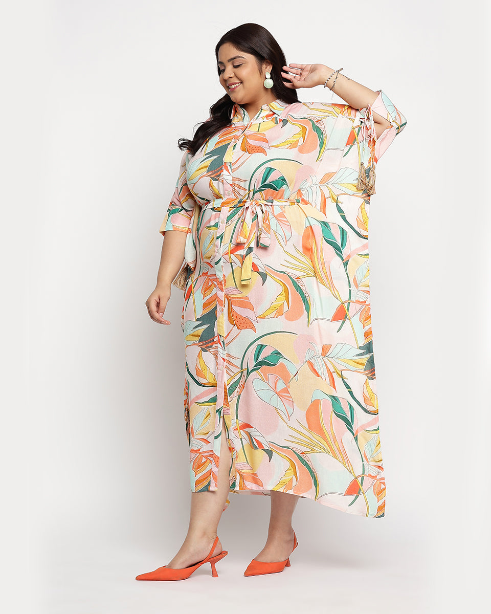 Multicolor Leaf Print Rayon Plus Size Women Kaftan Dress