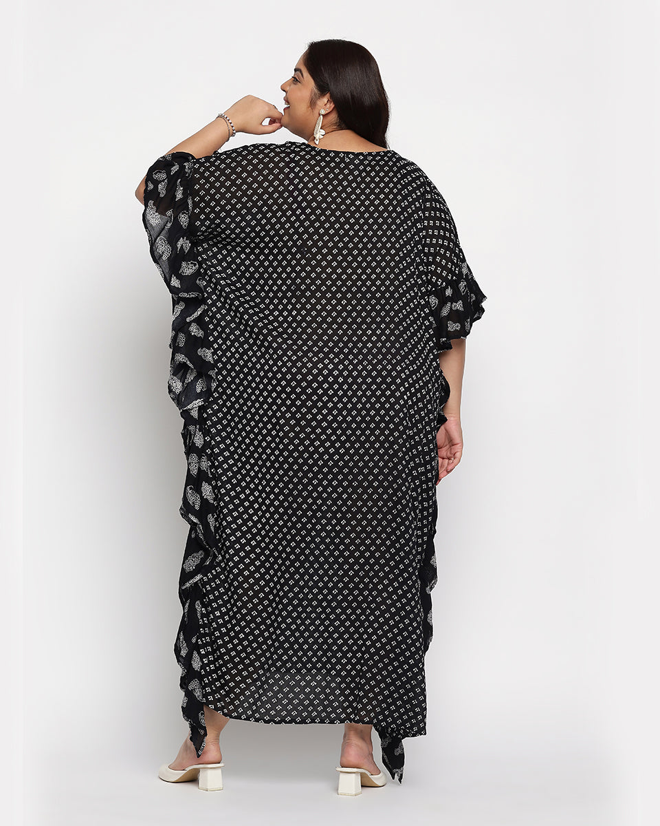 Black And White Polka Dot Rayon Plus Size Kaftan For Women