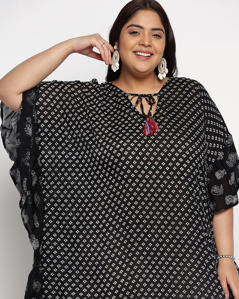 Black And White Polka Dot Rayon Plus Size Kaftan For Women