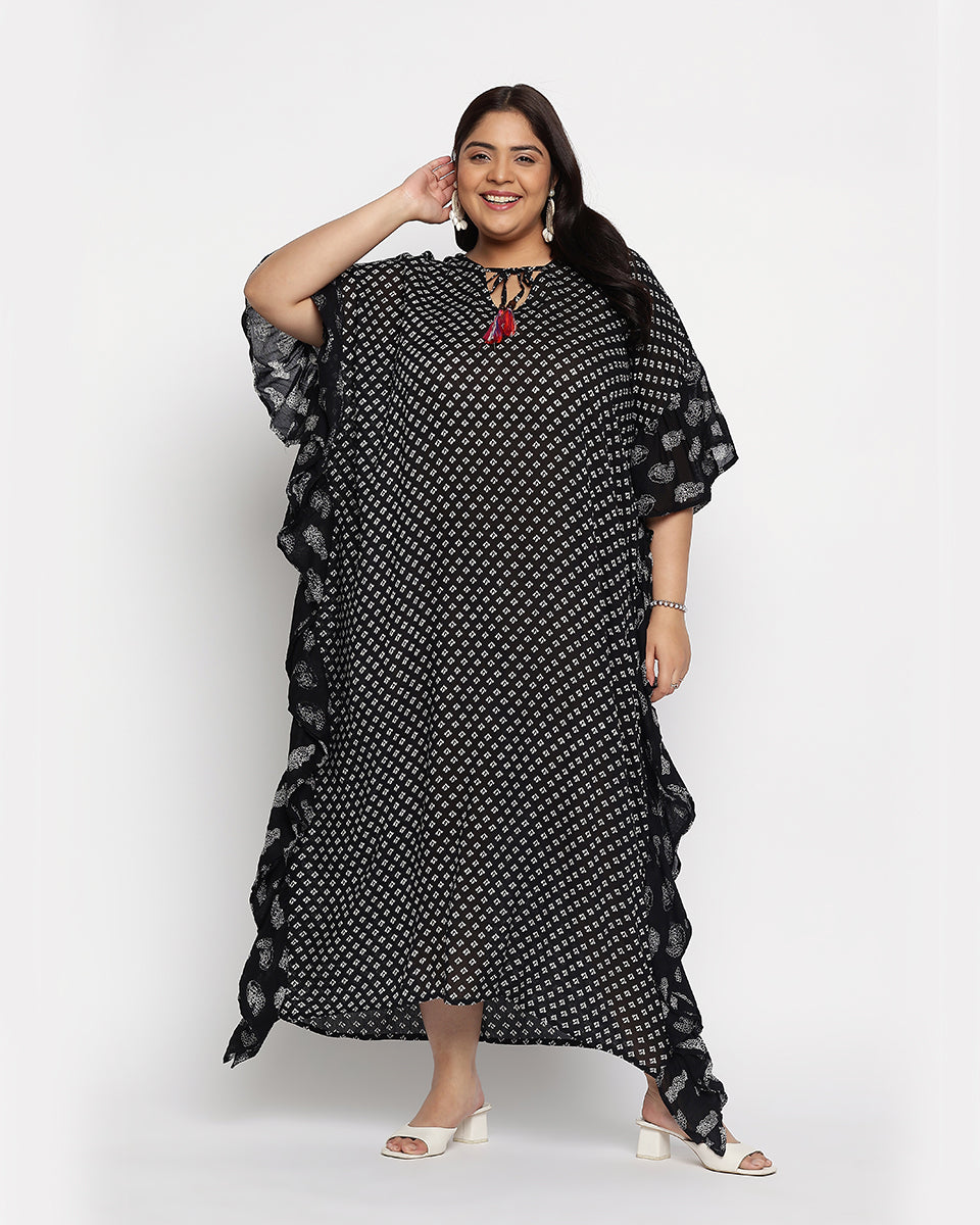 Black And White Polka Dot Rayon Plus Size Kaftan For Women