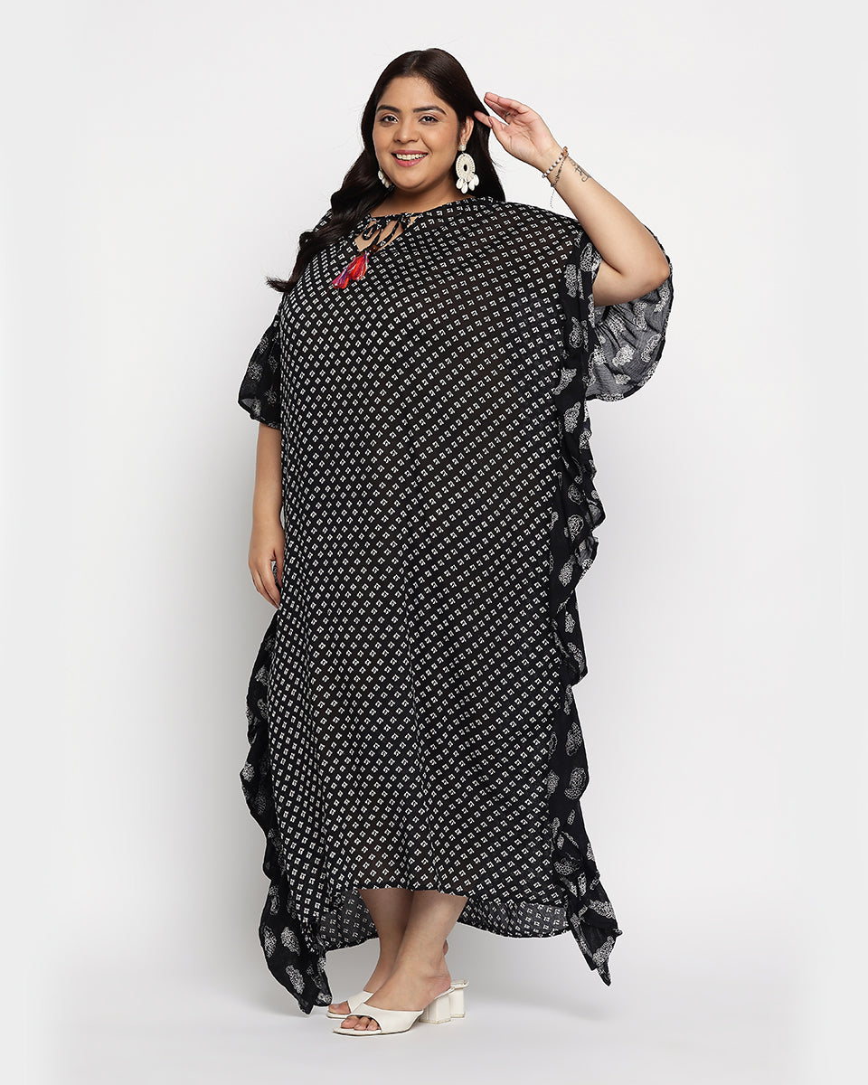 Black And White Polka Dot Rayon Plus Size Kaftan For Women