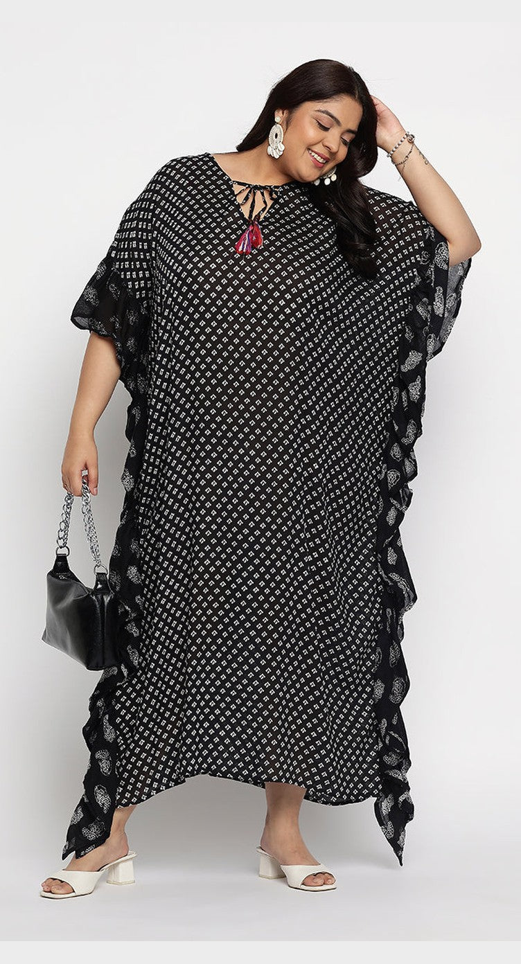 Black Geometric Rayon Plus Size Kaftan For Women - SKU SG152-9004 - Gypsie Blu