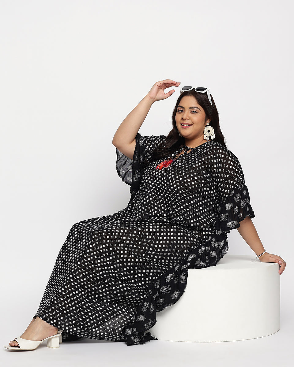 Black And White Polka Dot Rayon Plus Size Kaftan For Women